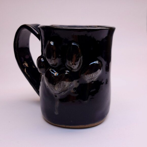 Hand-Thrown Artisan Pottery Black Mug With 3-D Heart & Paw Print Signed Joan G. - Picture 7 of 8
